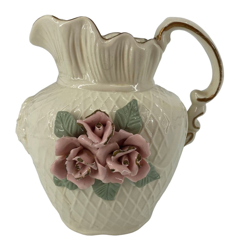 VINTAGE White Porcelain Lattice Pattern Pitcher w/ 3D Roses & Leaves